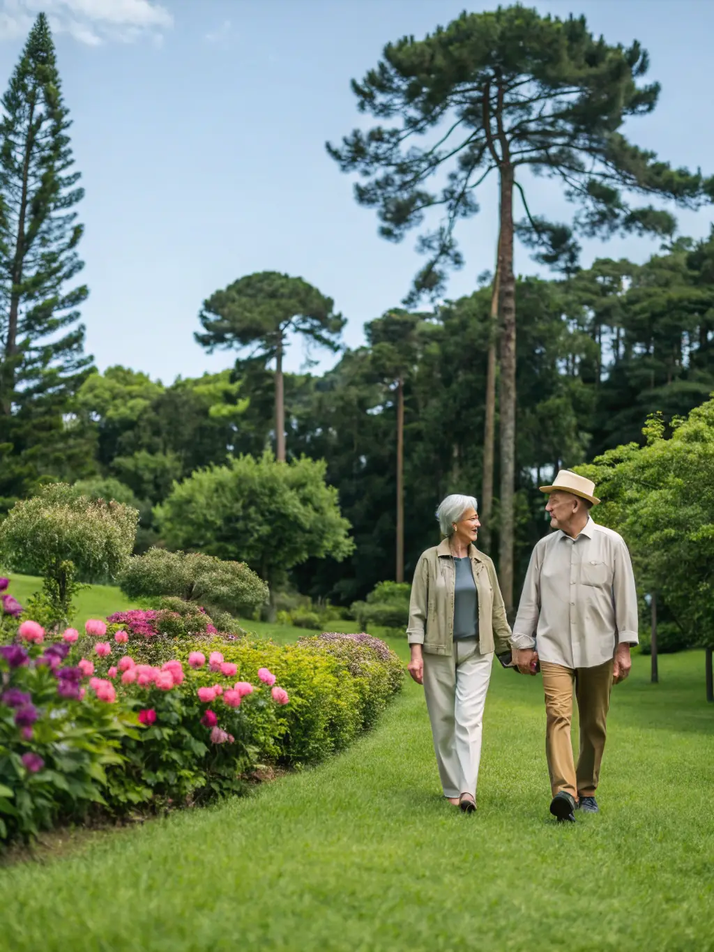 A serene image of a retired couple enjoying their time, perhaps gardening or traveling, symbolizing retirement planning.