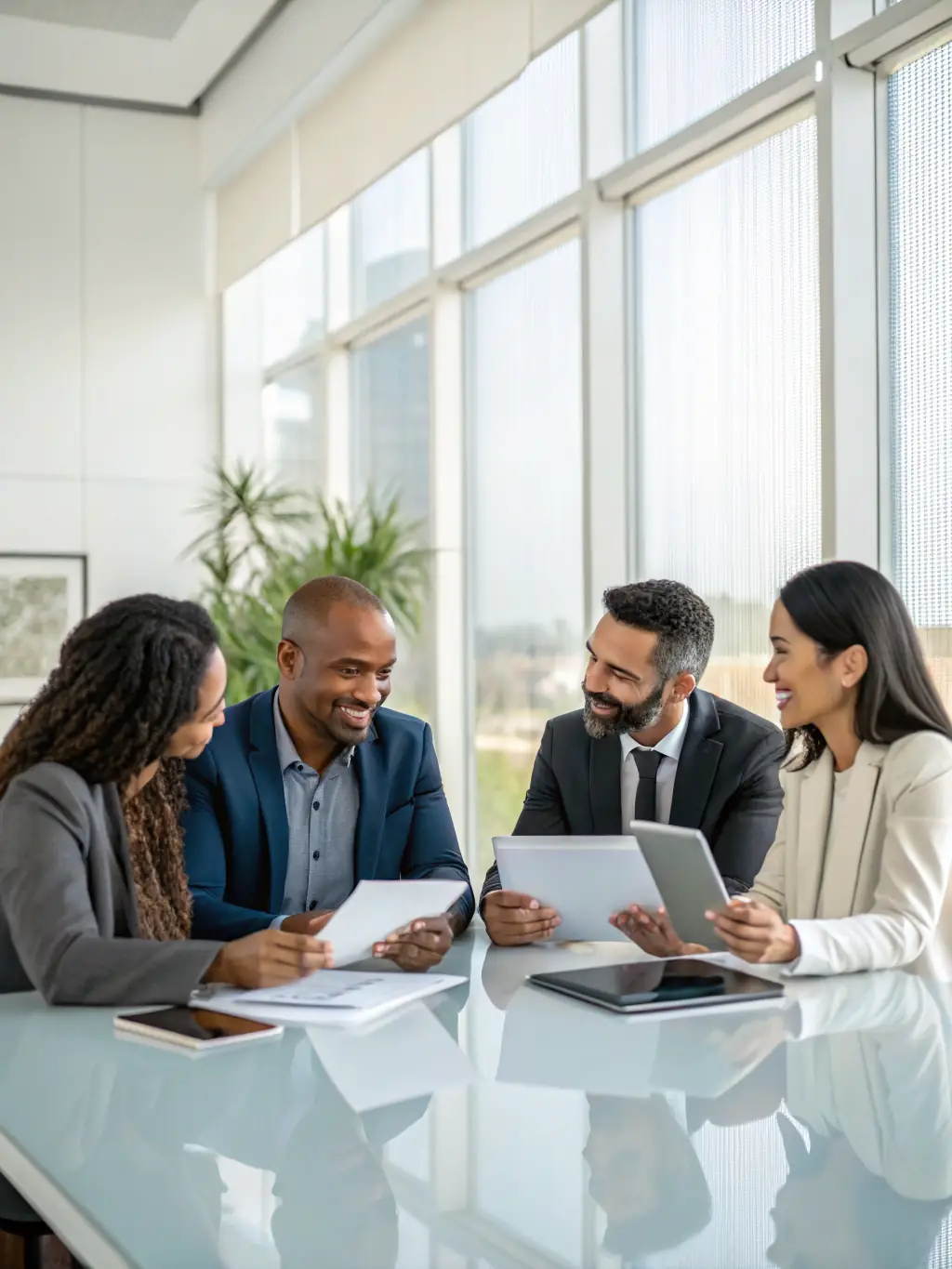 A professional image of a diverse group of people collaborating on financial charts and graphs in a modern office setting, representing investment management.