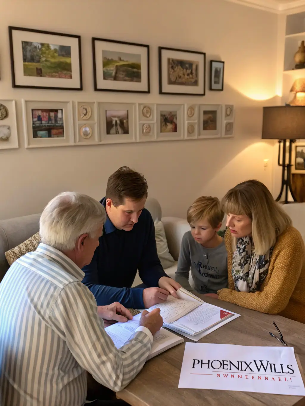 An elegant image of a family discussing important documents around a table, representing estate planning.