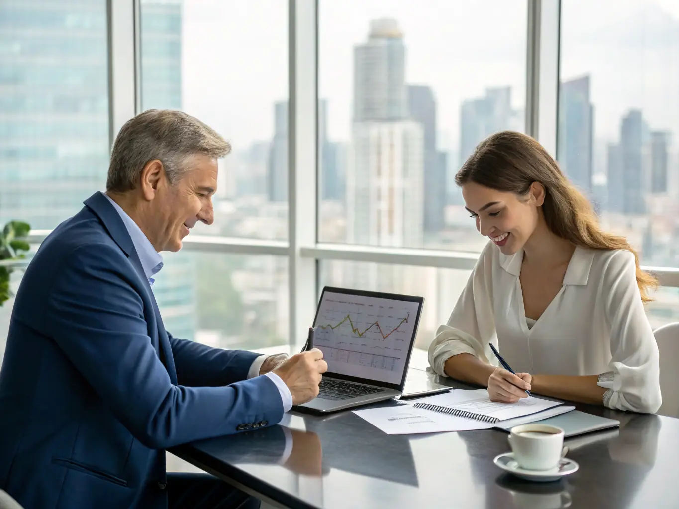 A professional financial advisor is sitting at a desk, reviewing financial documents with a smiling, well-dressed client in a modern office setting. The scene conveys trust, expertise, and a collaborative approach to financial planning.