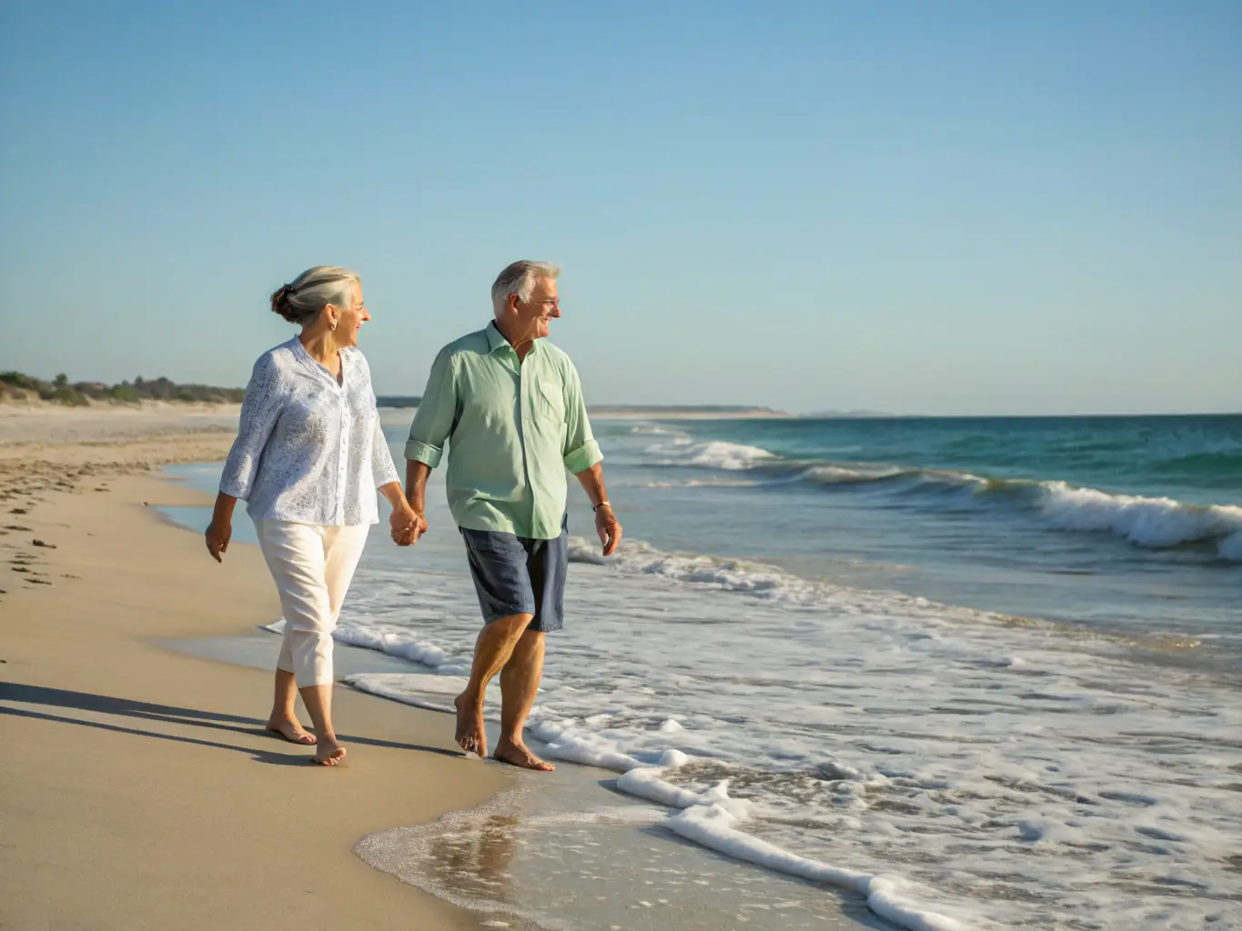 A serene image of a couple enjoying their retirement years, walking along a beach at sunset, symbolizing financial freedom.