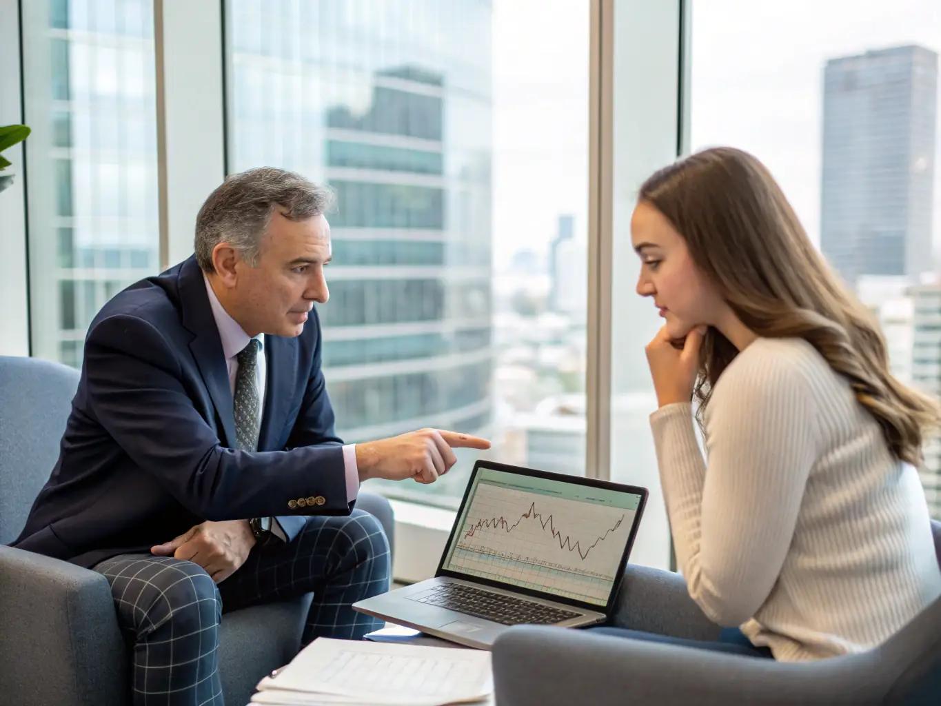 A professional financial advisor is reviewing investment portfolios with a client in a modern office setting, discussing growth strategies.
